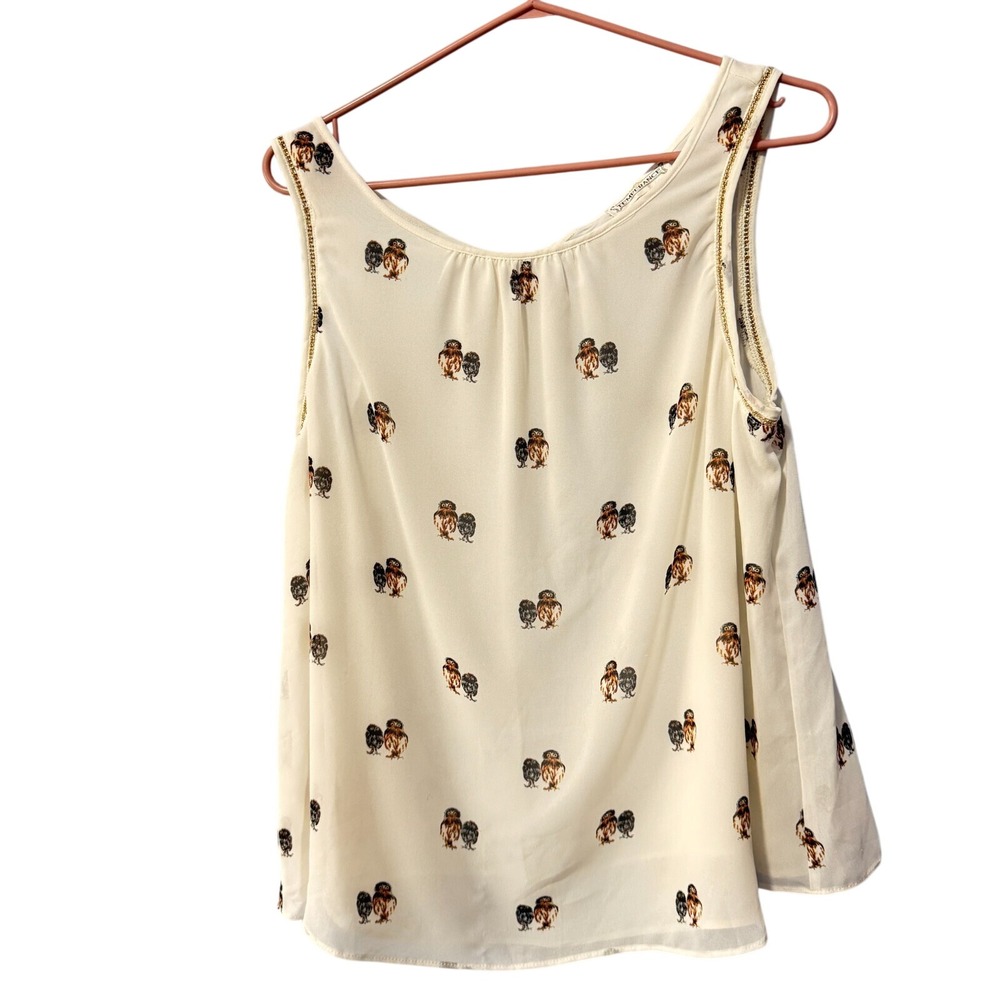 Temperance Womens Owl‎ Print Sleeveless Blouse Cream Gold Chain Split Back Large